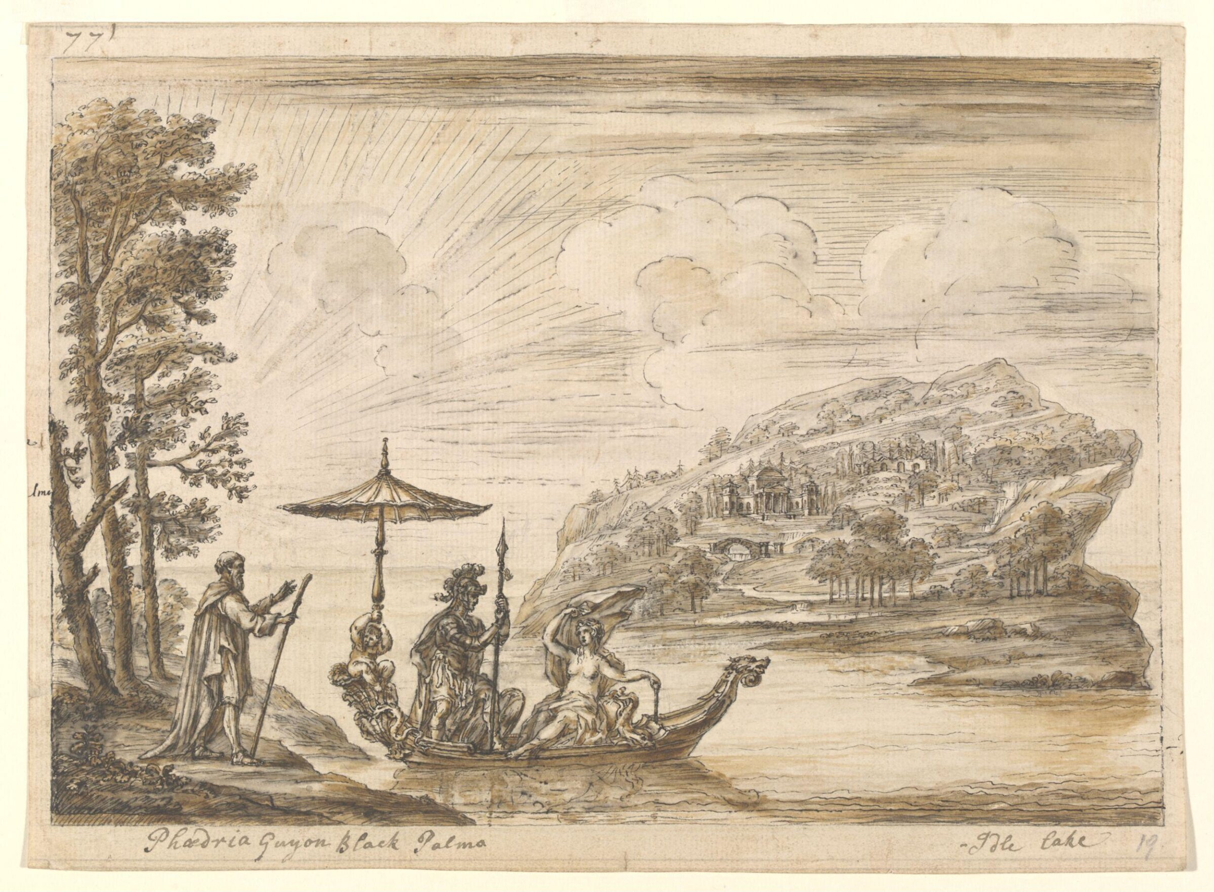 Guyon leaves the Palmer and crosses the Idle Lake with Phedria, William Kent, ca. 1730s-1740s