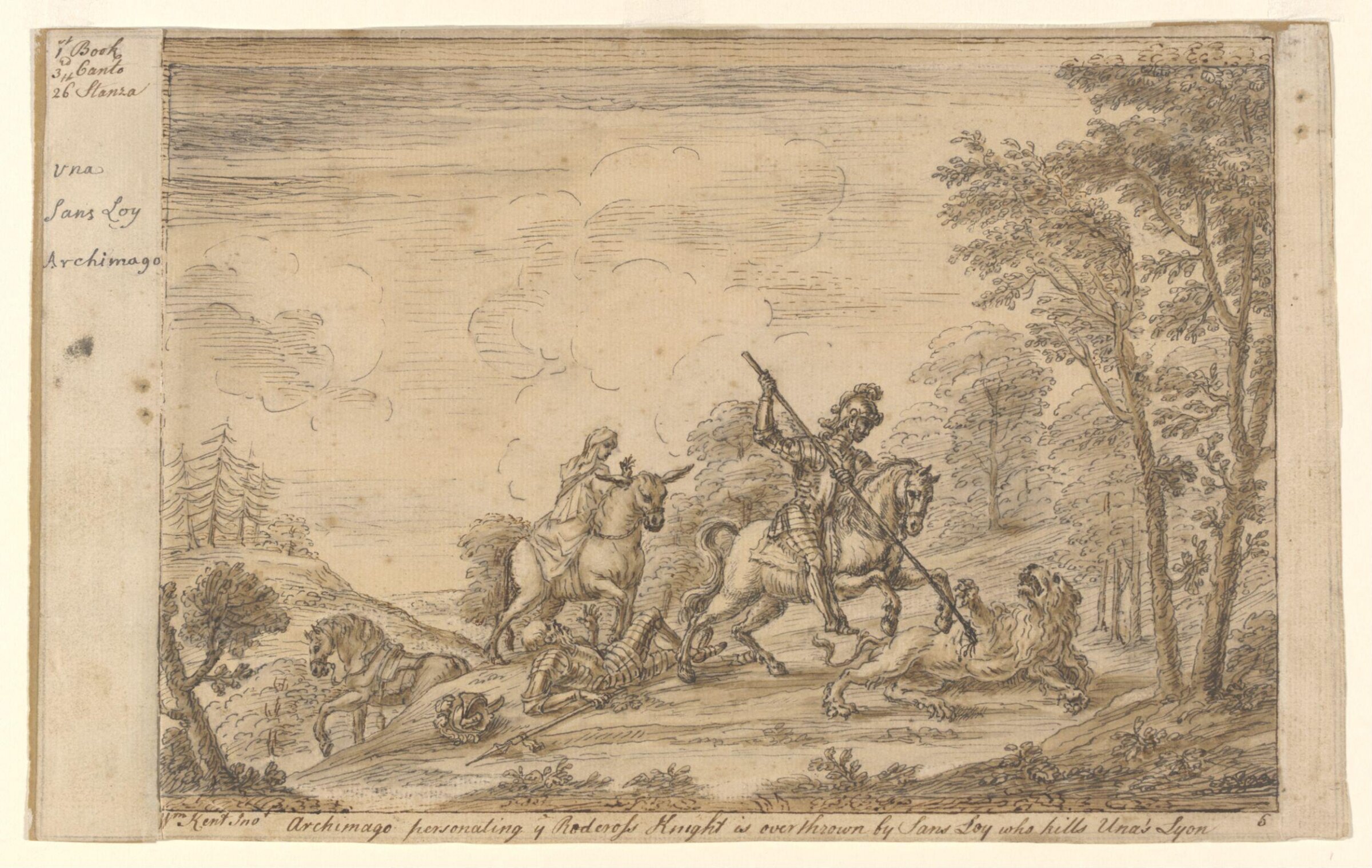 Archimago personating the Redcross Knight is overthrown by Sans Loy who kills Unas Trusty Lyon, William Kent, ca. 1730s-1740s