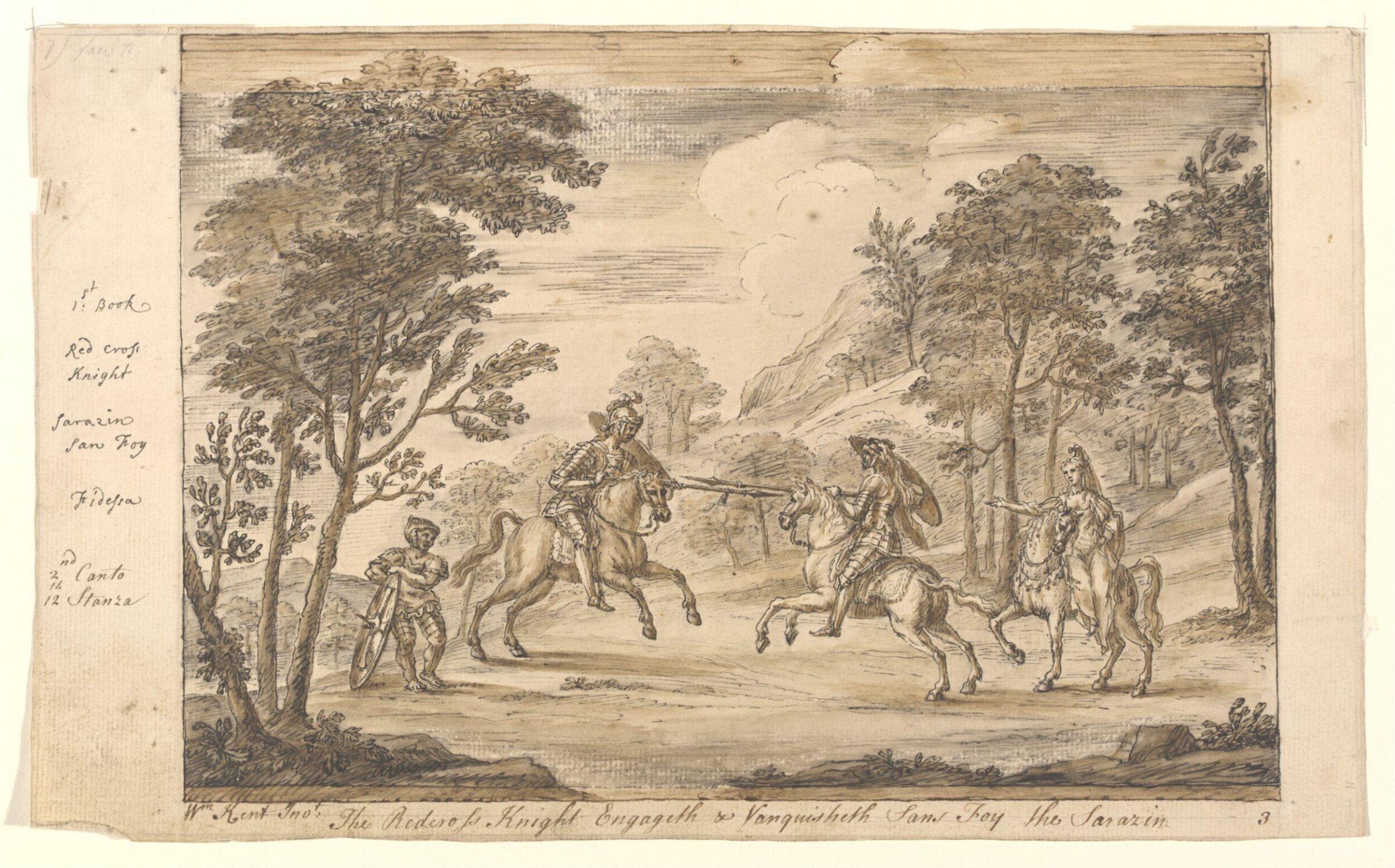 The Redcross Knight engageth and Vanquisheth Sans Foy the Sarazin., William Kent, ca. 1730s-1740s