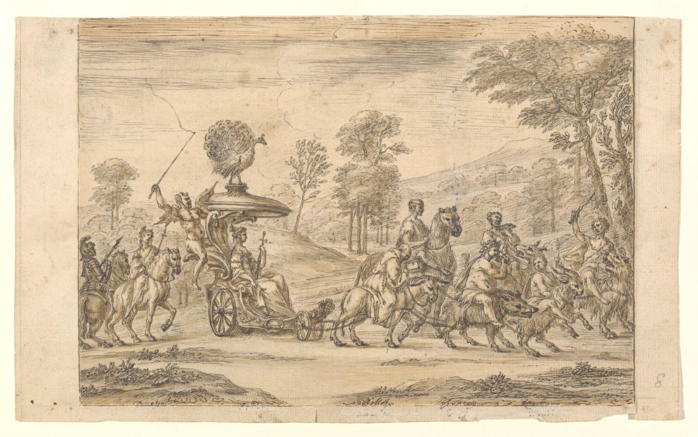 Prides Procession with Idleness, Gluttony, Letchery, Avarice, Envy and Wrath, drove by Satan, William Kent, ca. 1730s-1740s