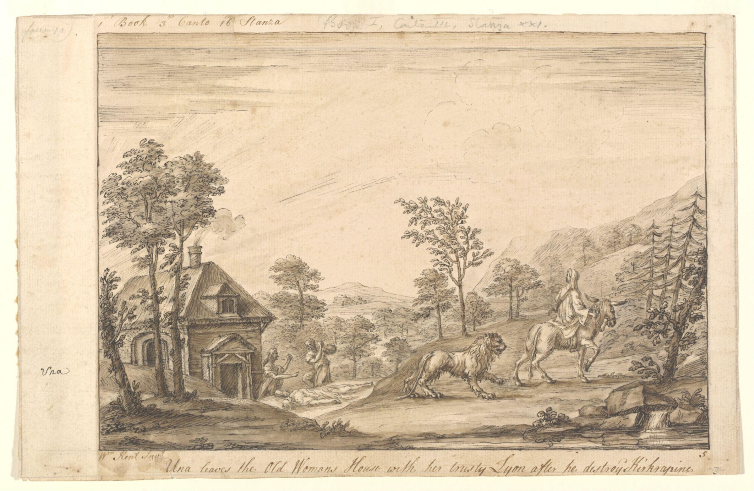 Una's Escape from the Old Womans House with her Lyon, after his killing Kirkrapine., William Kent, ca. 1730s-1740s