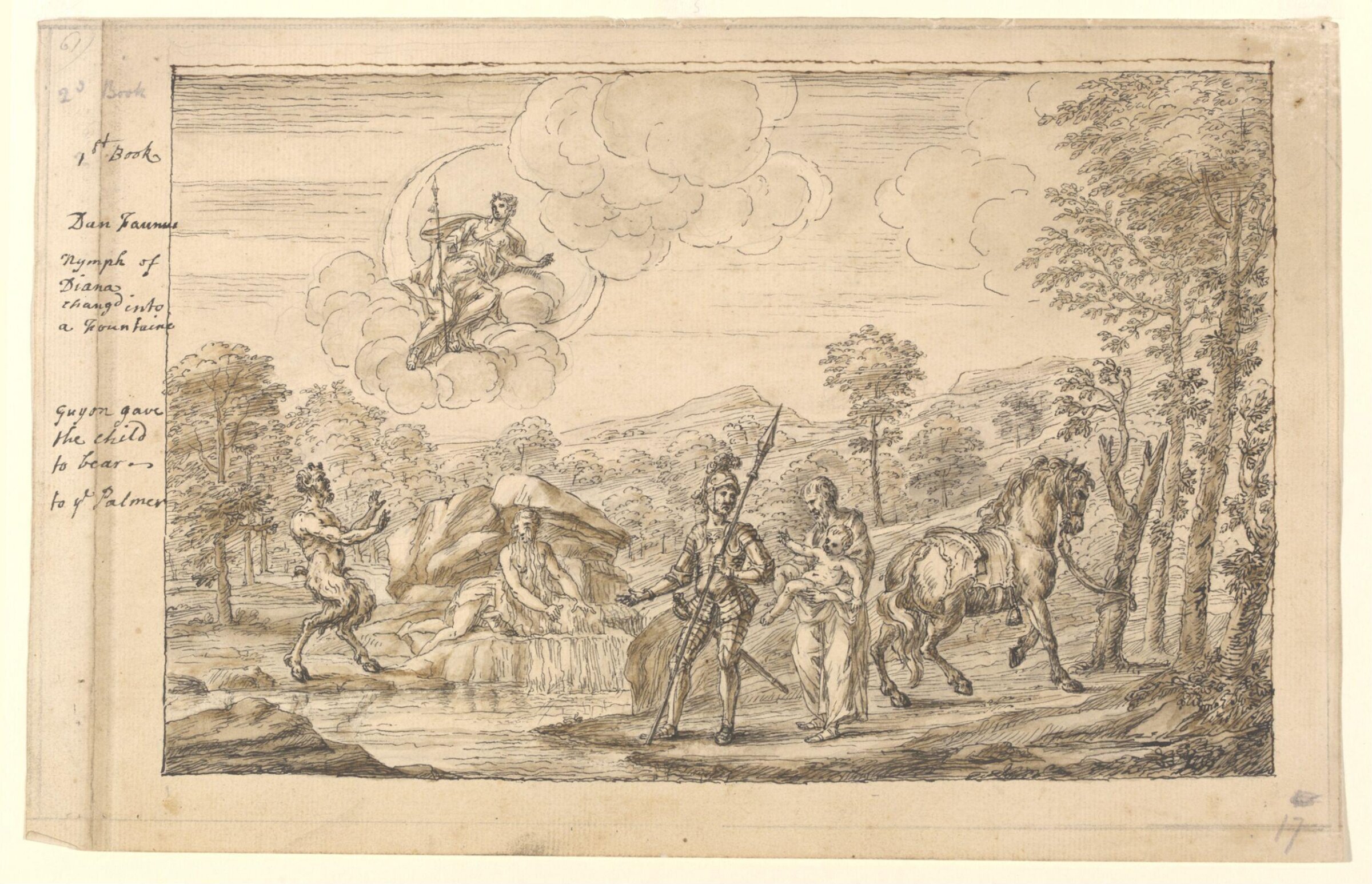 Guyon gives the Child to Old Palmer; A Nymph of Diana's chang'd into a fountain, William Kent, ca. 1730s-1740s