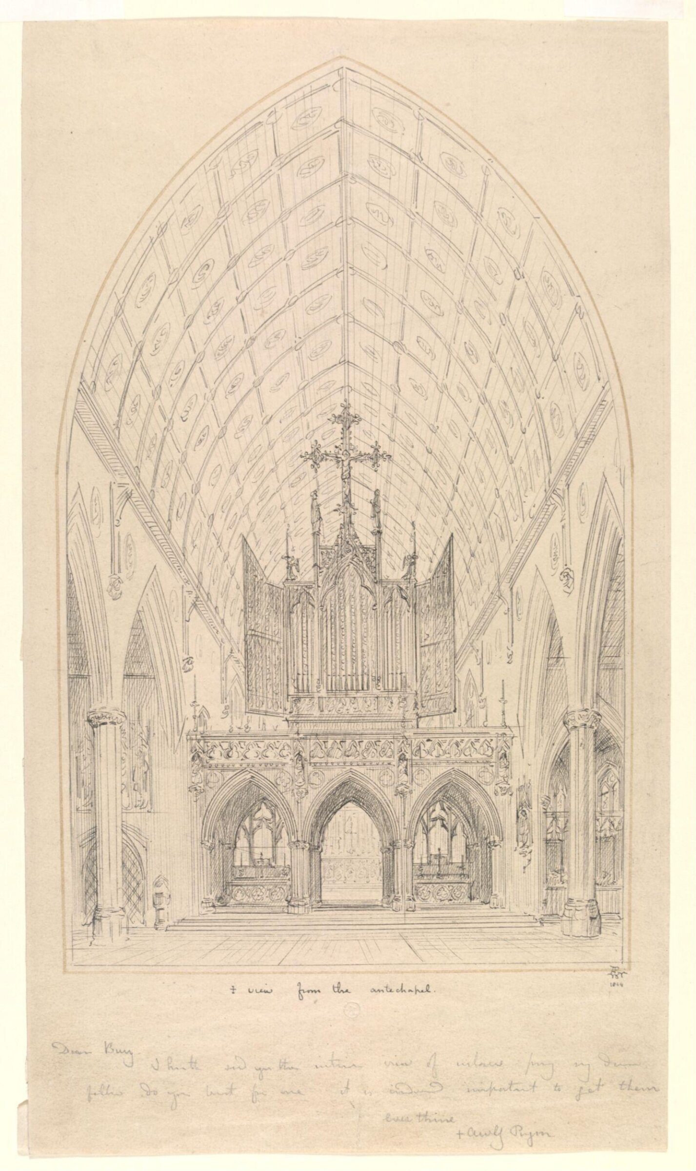 Perspective of interior of new chapel, Roman Catholic College of St. Cuthbert., A.W.N. Pugin, 1844