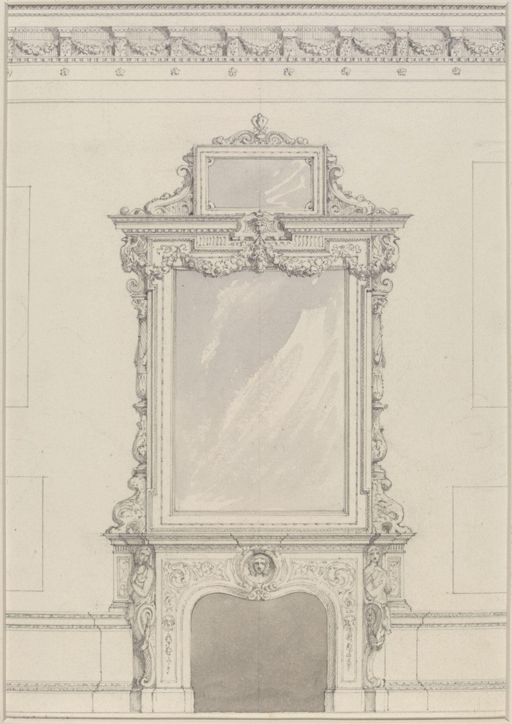 Design for chimney-piece, with mirror above, George Edward Fox, 1833-1908