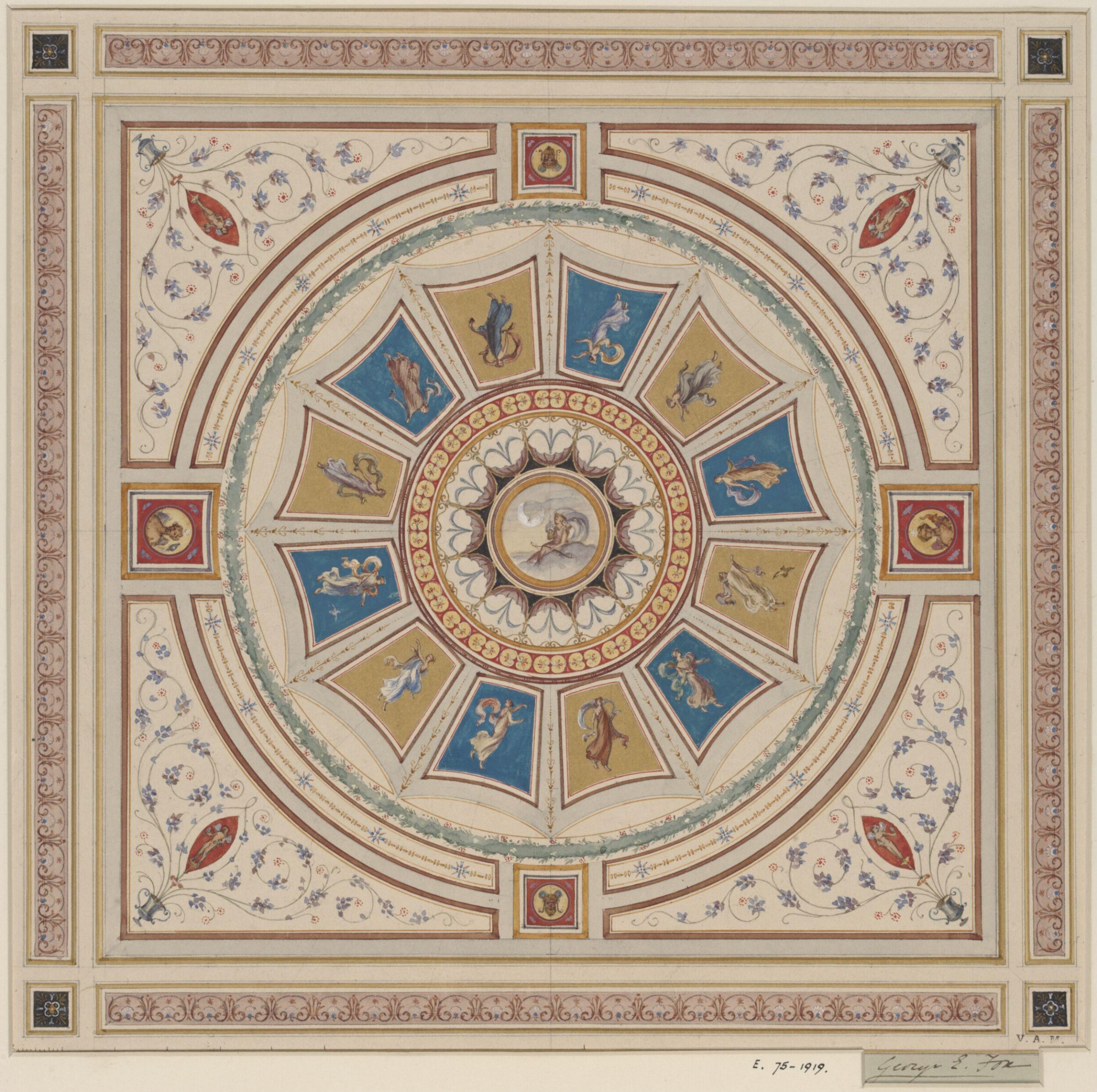 Designs for boudoir ceiling at 9, Grosvenor Square, for the Countess of Crawford, George Edward Fox, 1868