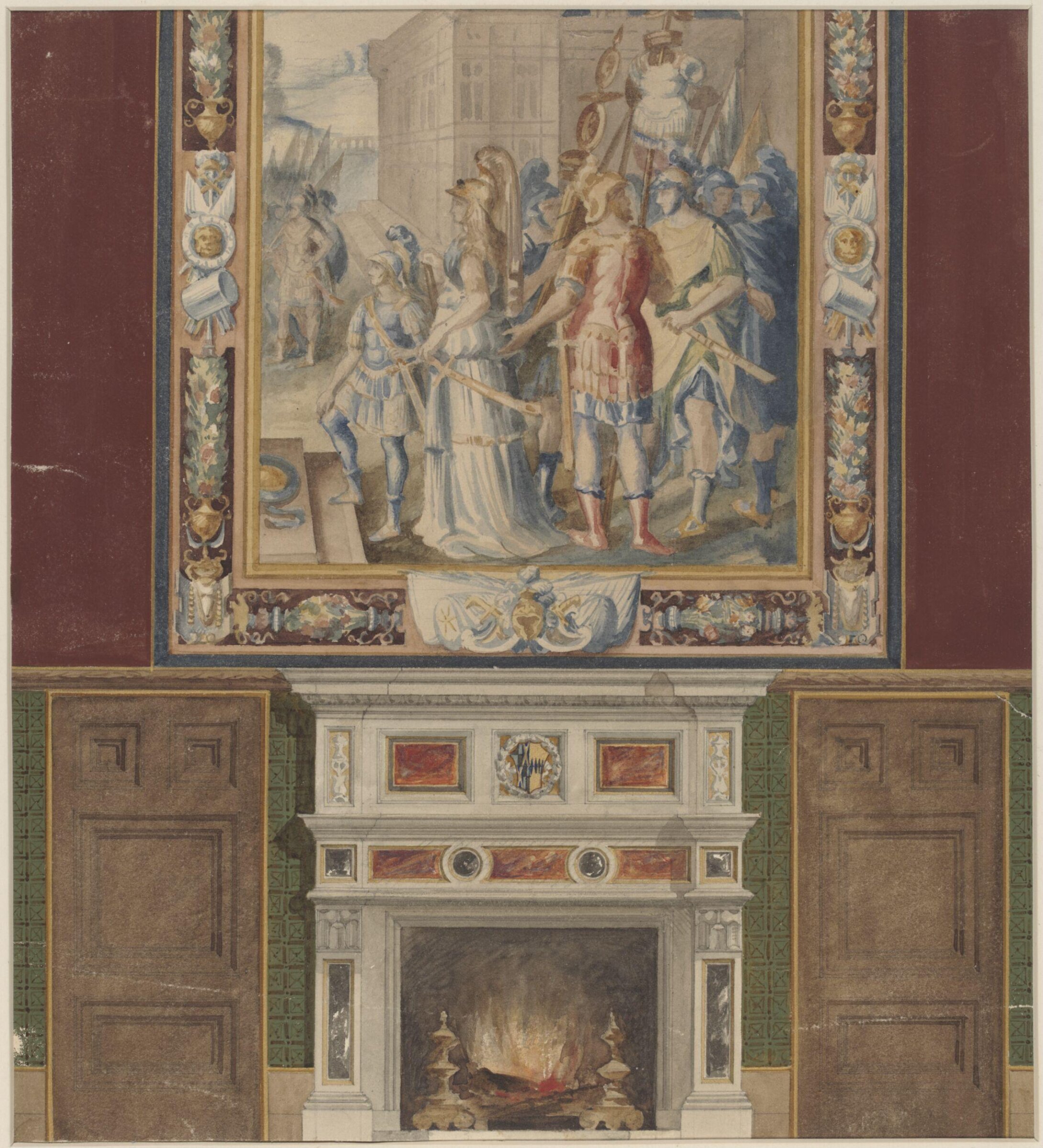 Designs for chimney-piece, with decorative panel above, George Edward Fox, 1833-1908