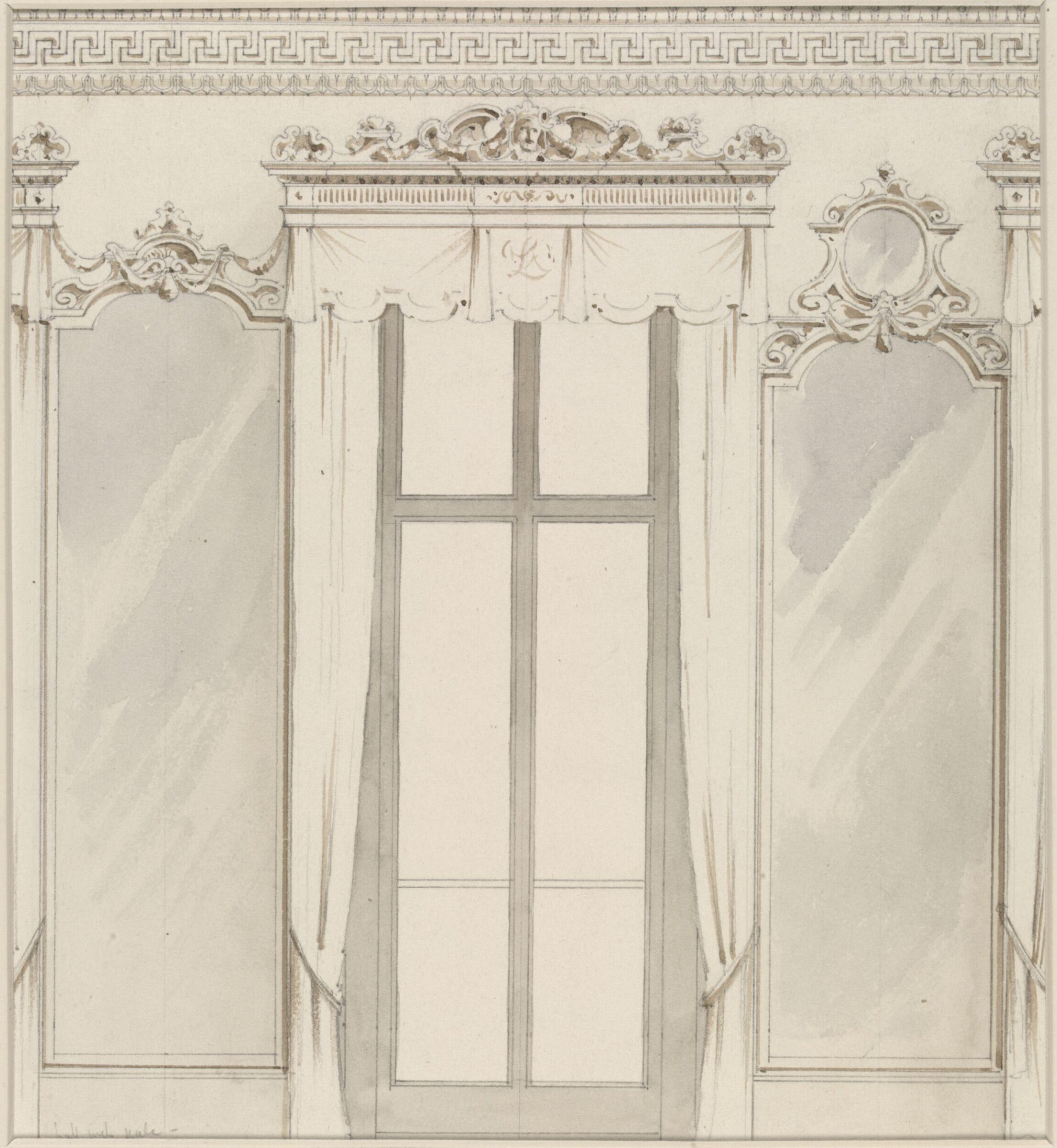 Design for window showing curtain and ceiling cornices, with mirrors on either side, George Edward Fox, 1833-1908