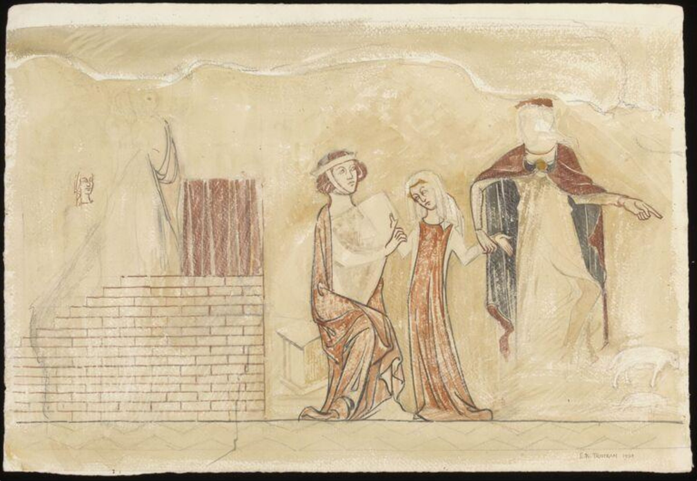 The Presentation of the Virgin in the Temple; the Virgin leaving home, Ernest Tristram, 1924