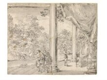 recto: Elegant couple in a curtained loggia with servant bringing food to a table thumbnail 1