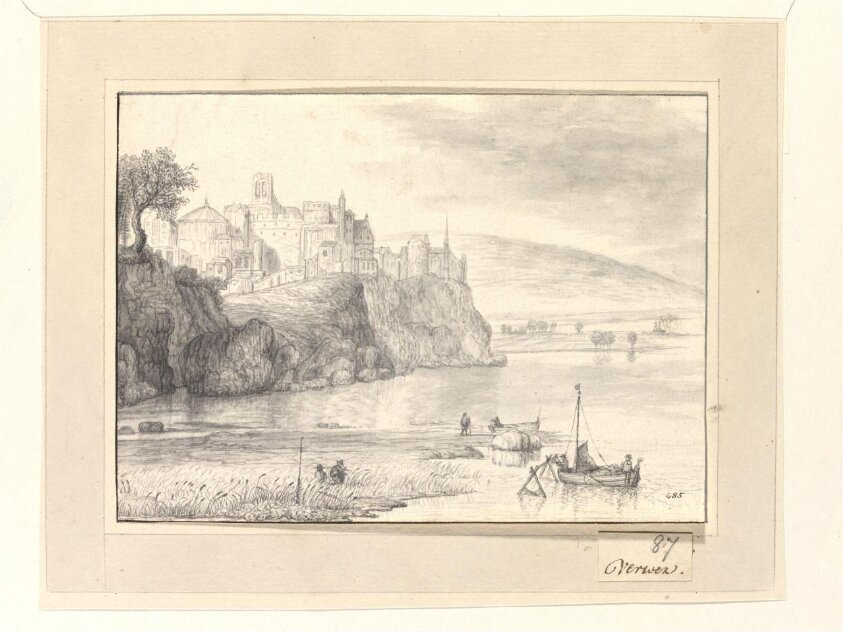 A fantasy town or monastery on a rocky promontory overlooking a river (ca.1688) by Gerrit Battem