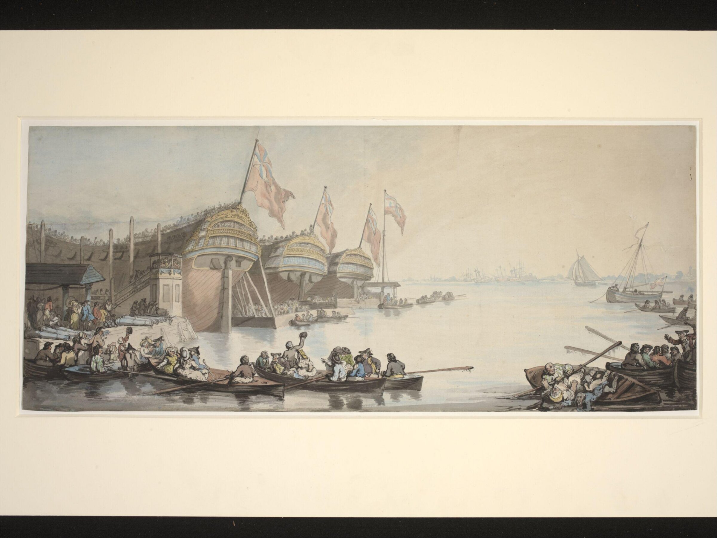 George III launching three frigates at Deptford, Thomas Rowlandson, ca. 1780-1810