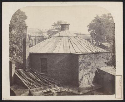 Exterior view of the first Lecture Theatre, South Kensington Museum from the north west with Sheepshanks Gallery and the 'Brompton Boilers' in background