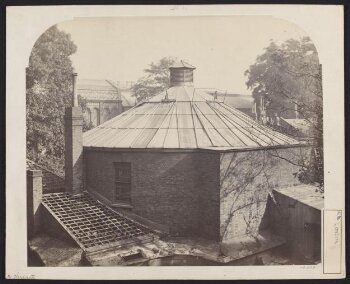 Exterior view of the first Lecture Theatre, South Kensington Museum from the north west with Sheepshanks Gallery and the 'Brompton Boilers' in background