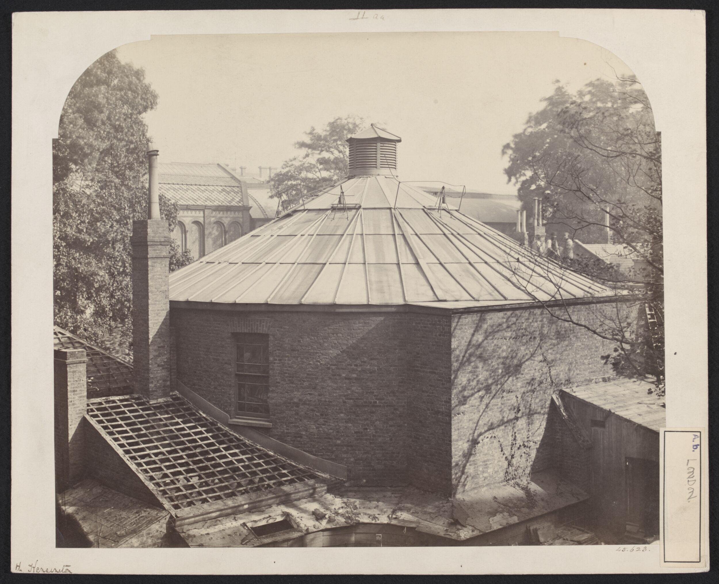Exterior view of the first Lecture Theatre, South Kensington Museum from the north west with Sheepshanks Gallery and the 'Brompton Boilers' in background