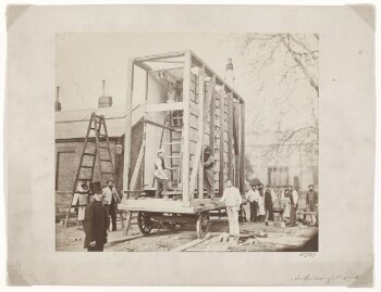 view of the construction of packing case and horse-drawn 'van' for transport of  Raphael Cartoons from Hampton Court to South Kensington Museum