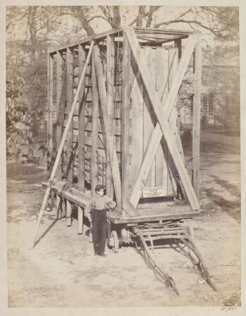 View of packing case and horse-drawn 'van' for transport of Raphael Cartoons from Hampton Court to South Kensington Museum