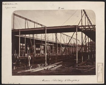 Exterior view of the South Kensington Museum (the 'Brompton Boilers') under construction looking south east