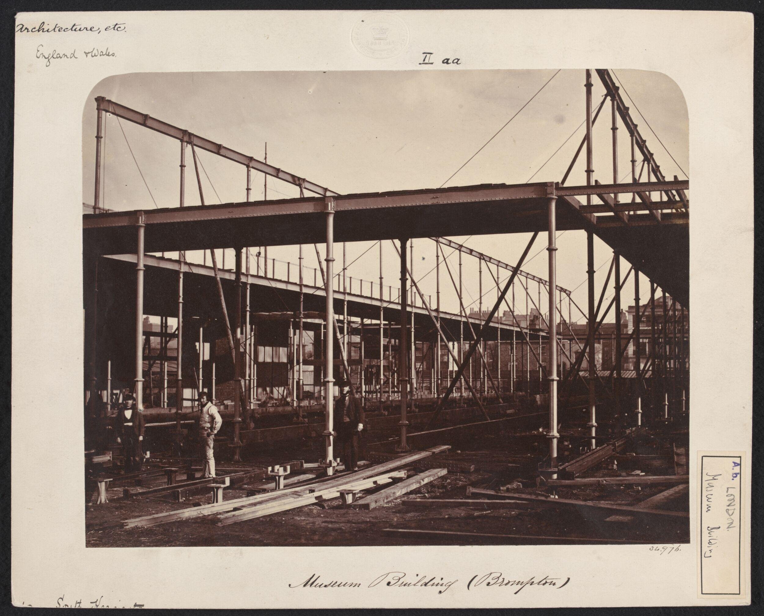 Exterior view of the South Kensington Museum (the 'Brompton Boilers') under construction looking south east