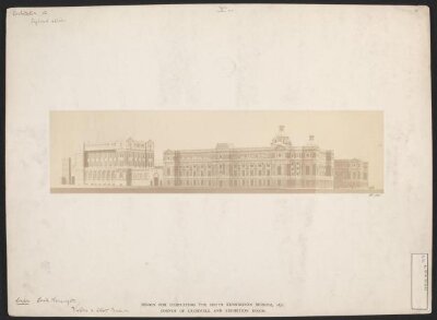 Model of the proposed South Kensington Museum buildings, completed according to the plans of Henry Scott, view from the south-west of the Exhibition Road and Cromwell Road facades