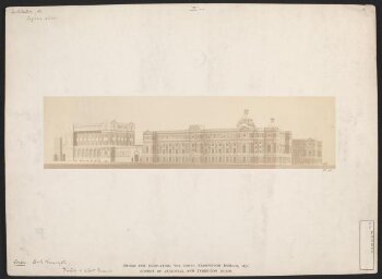 Model of the proposed South Kensington Museum buildings, completed according to the plans of Henry Scott, view from the south-west of the Exhibition Road and Cromwell Road facades