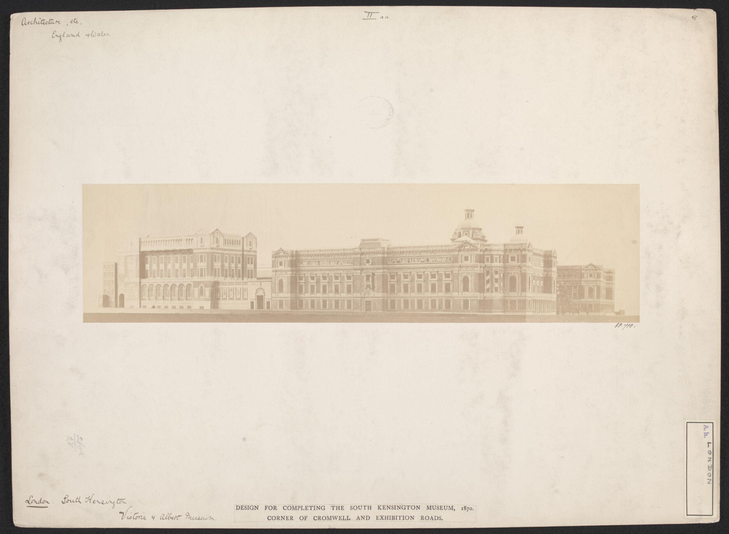 Model of the proposed South Kensington Museum buildings, completed according to the plans of Henry Scott, view from the south-west of the Exhibition Road and Cromwell Road facades