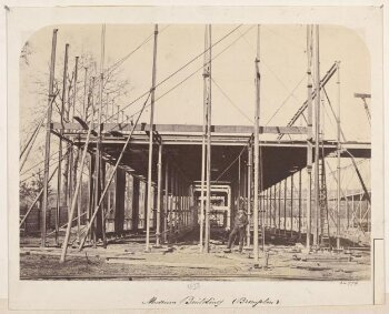 Exterior view of the South Kensington Museum (the 'Brompton Boilers') under construction