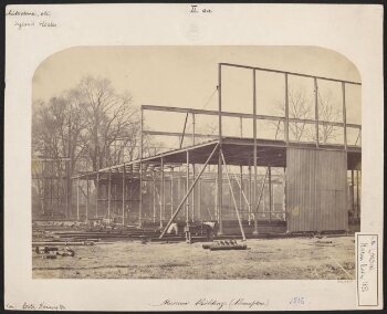 Exterior view of the South Kensington Museum (the 'Brompton Boilers') under construction