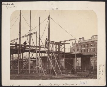 Exterior view of the South Kensington Museum (the 'Brompton Boilers') under construction, looking north east