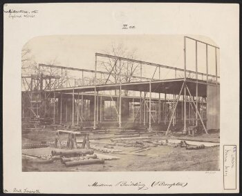 Exterior view of the South Kensington Museum (the 'Brompton Boilers') under construction