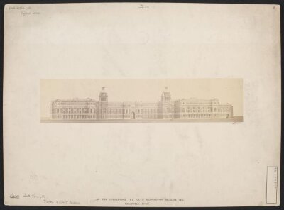 model of the proposed South Kensington Museum buildings, completed according to the plans of Henry Scott, front elevation