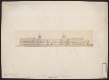 model of the proposed South Kensington Museum buildings, completed according to the plans of Henry Scott, front elevation