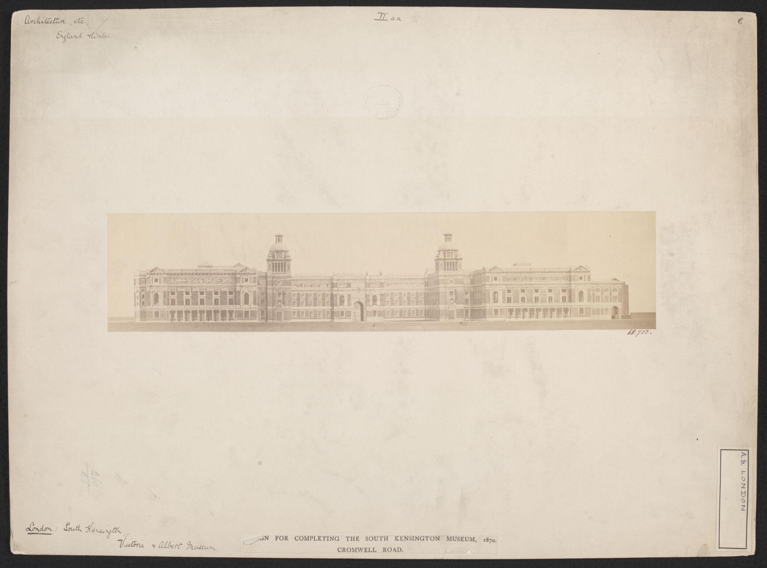 model of the proposed South Kensington Museum buildings, completed according to the plans of Henry Scott, front elevation