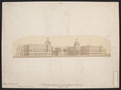 Model of the proposed South kensington Museum buildings, completed according to the plans of Henry Scott, view from the south-west
