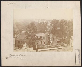 Aeriel view of old houses and South Kensington Museum grounds, looking south over Thurloe Square