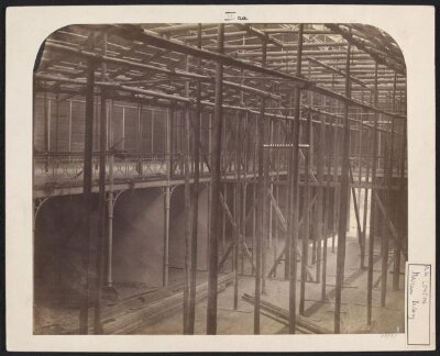 Interior view of the corner of the nave under construction, South Kensington Museum (the 'Brompton Boilers')
