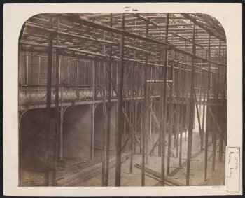 Interior view of the corner of the nave under construction, South Kensington Museum (the 'Brompton Boilers')