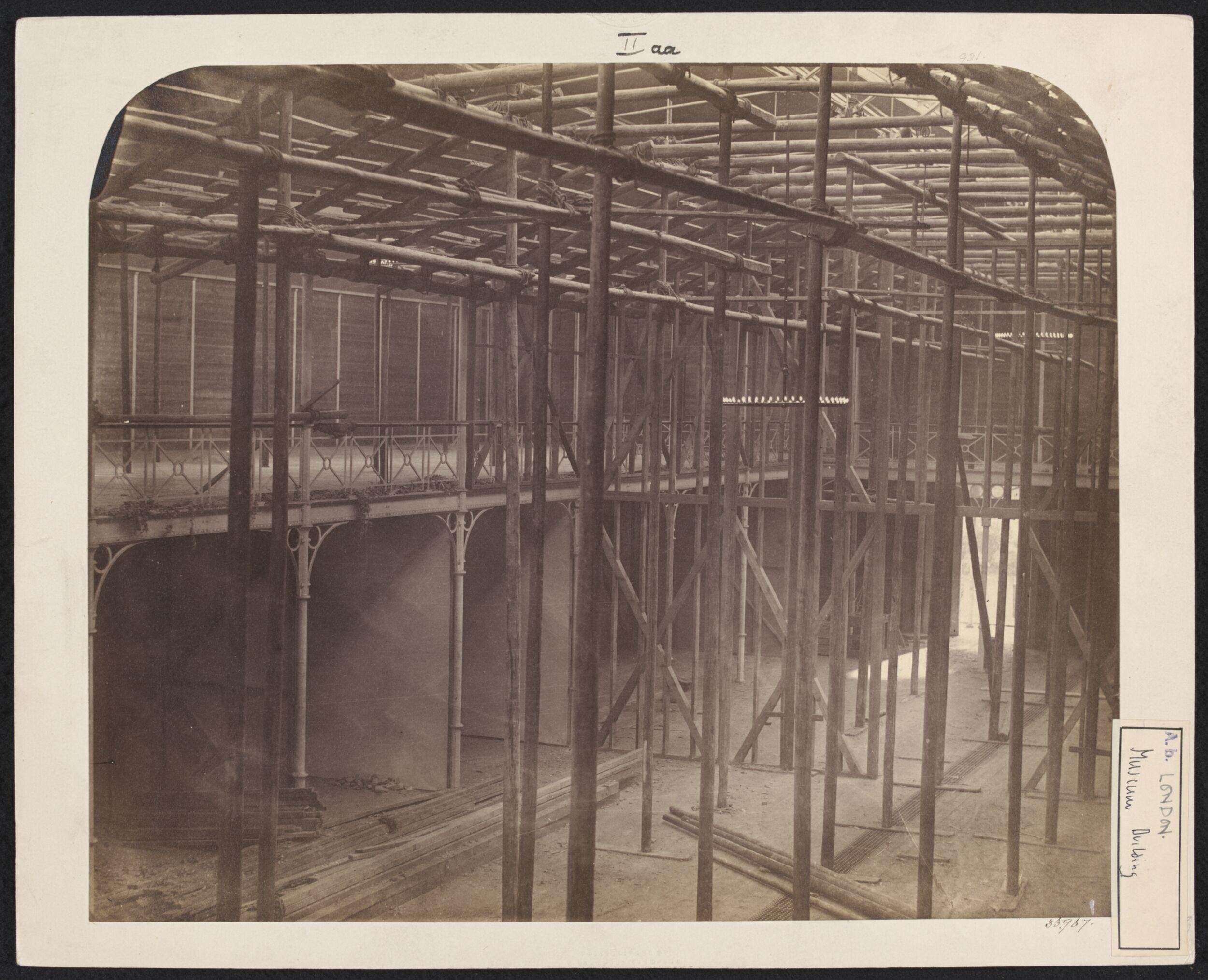 Interior view of the corner of the nave under construction, South Kensington Museum (the 'Brompton Boilers')