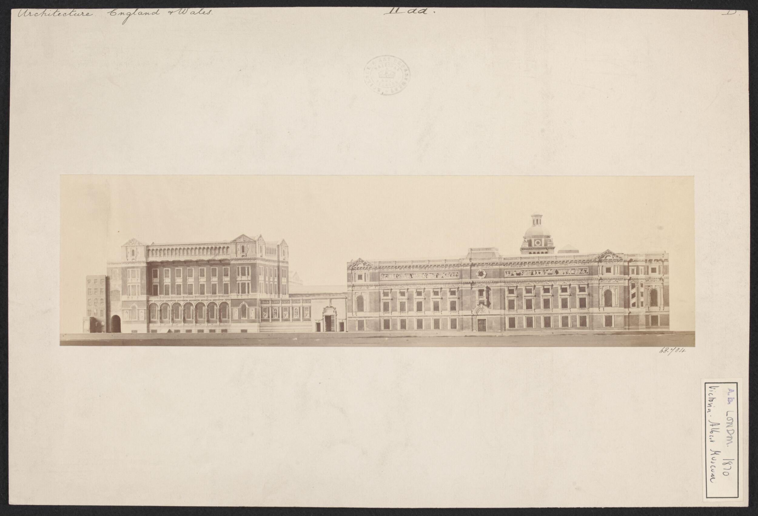 Model of the proposed South Kensington Museum buildings, completed according to the plans of Henry Scott, view from the south-west of the Exhibition Road facade
