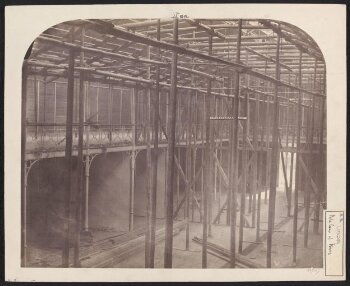 Interior view of the north-west corner of the nave under construction, South Kensington Museum (the 'Brompton Boilers')