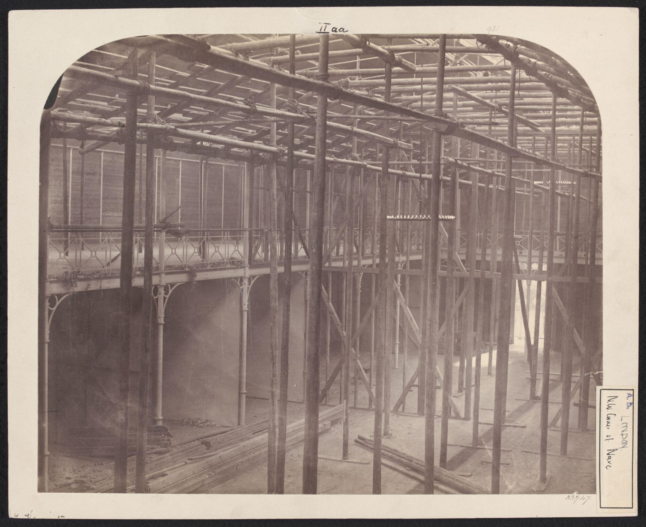 Interior view of the north-west corner of the nave under construction, South Kensington Museum (the 'Brompton Boilers')