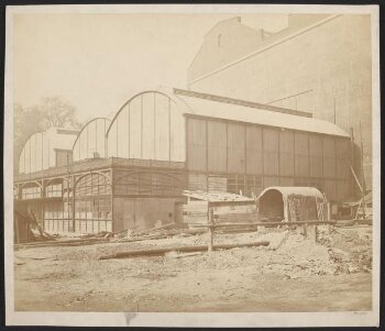 External view of 'Brompton Boilers' at South Kensington before removal to Bethnal Green, showing Cast Courts in background