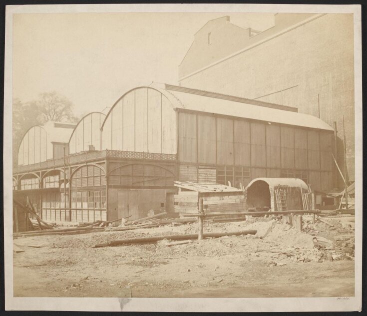 External view of 'Brompton Boilers' at South Kensington before removal to Bethnal Green, showing Cast Courts in background image