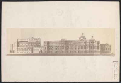 Model of the proposed South Kensington Museum buildings, completed according to the plans of Henry Scott, view from the south-west of the Exhibition Road and Cromwell Road facades