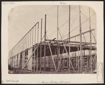 Exterior view of the South Kensington Museum (the 'Brompton Boilers') under construction