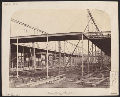 Exterior view of the South Kensington Museum (the 'Brompton Boilers') under construction