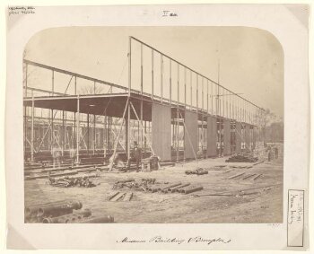 Exterior view of the South Kensington Museum (the 'Brompton Boilers') under construction