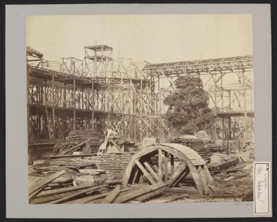 Construction of 1862 International Exhibition buildings, view from centre of Picture Gallery showing Dome and S.E. transept