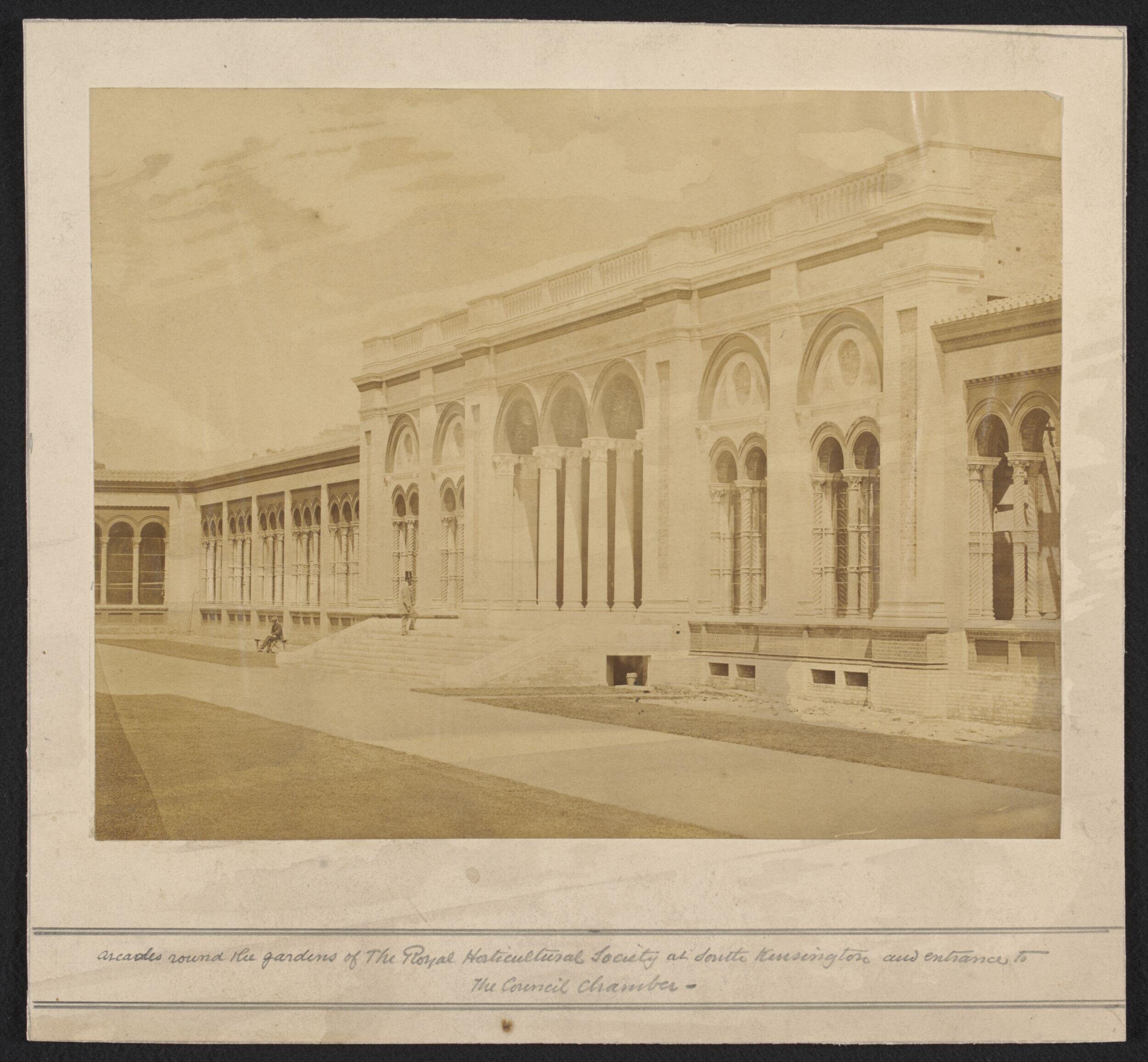 Arcades round the gardens of the Royal Horticultural Society and entrance to the Council Chamber