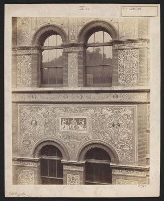 Engraved plaster decoration (sgraffito) on the east side of the Science Schools, designed by F.W. Moody and executed by students of the Art Schools
