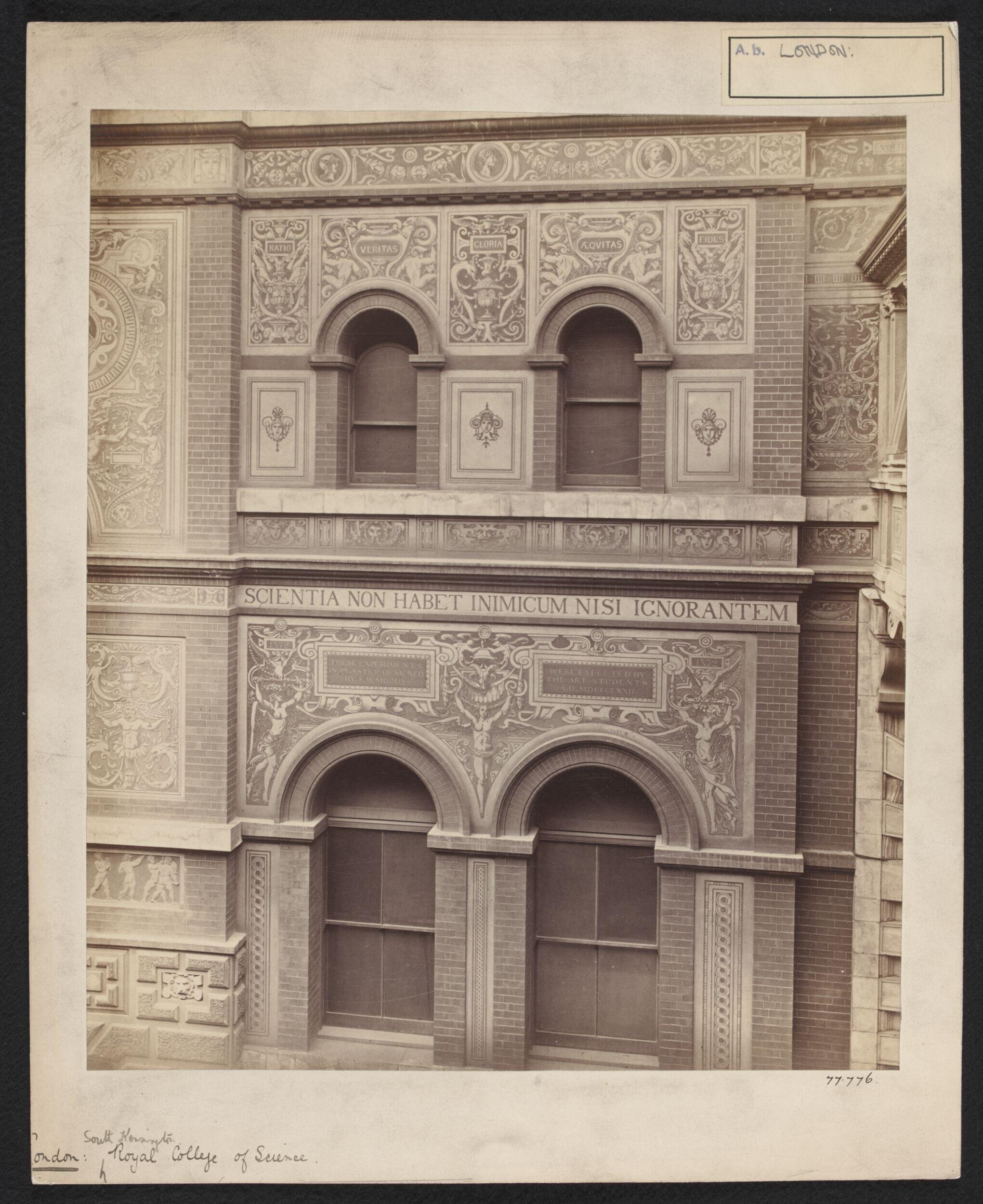 Engraved plaster decoration (sgraffito) on the east side of the Science Schools, designed by F.W. Moody and executed by students of the Art Schools